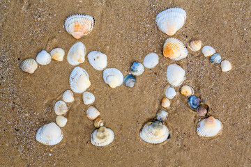 Fototapeta na wymiar drawing on the sand couple in love made by seashells