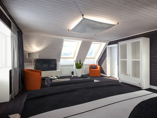 bedroom in the attic black-white-red 3D rendering
