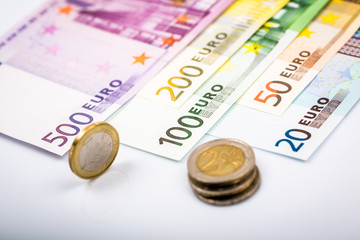 Closeup of banknotes and coins