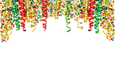 Confetti and colorful streamer. Carnival party decoration