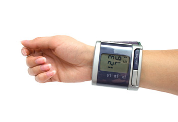 Process of blood pressure examination over white background