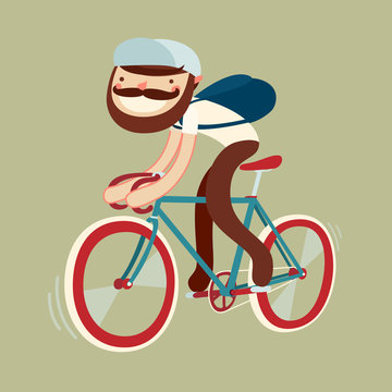 stylish character on bike. beardy bicycle rider. vector illustration