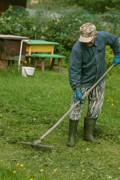 man collects grass rake