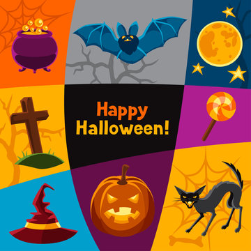 Happy halloween greeting card with characters and objects