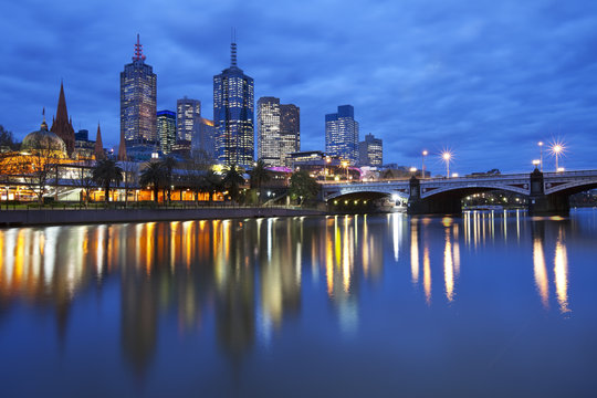 Skyline of Melbourne, Australia across the Yarra River at night