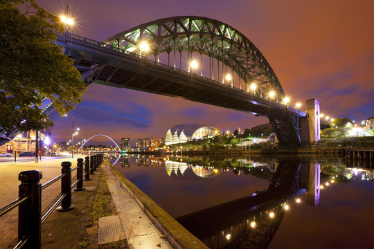 Bridges over the river Tyne in Newcastle, England at night