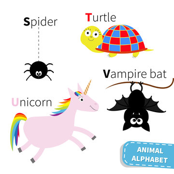 Letter S T U V Spider Turtle Unicorn Vampire bat Zoo alphabet. English abc with animals Education cards for kids Isolated White background Flat design
