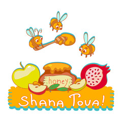 Shana tova greeting card. Cartoon illustration of bees, honey jar, pomegranate and apple. For Rosh Hashana Jewish new year.