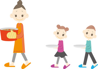鍋を持つお母さんと着いていく子供たち