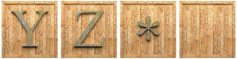 Group of wooden letters YZ  framed, isolated on white