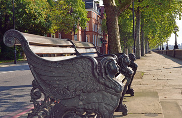 Pharonic Egyptian style bench in London with the Thames Embankment stretching out in the background.