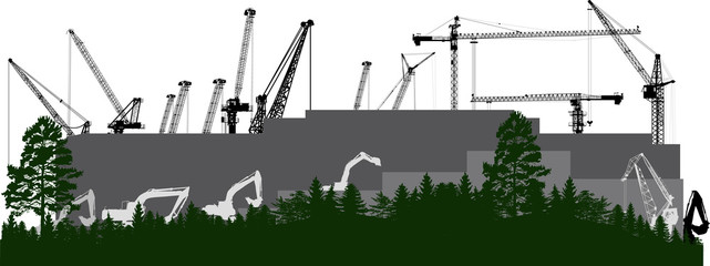 lot of black cranes in industrial landscape