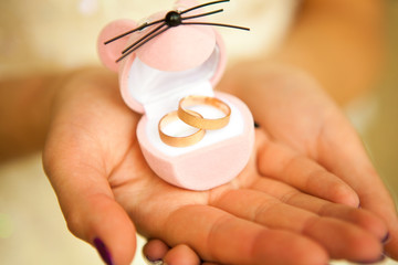 wedding rings, wedding rings lie in a box in a pink mouse