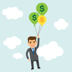 Hombre de negocios con globos de dinero en el cielo