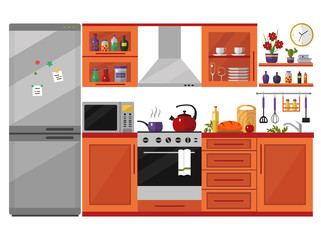 Kitchen interior with utensils, food and devices. Including fridge, oven, microwave, kettle, pot. Flat style icons and illustration isolated on white.