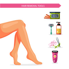 Vector flat design illustration and icons of epilation. Beautiful female legs or feet and different types of hair removal. Bottle of wax, shaving razor and gel, eyebrow tweezers, clipper.