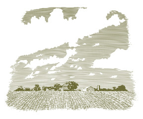 Woodcut Kansas Farm