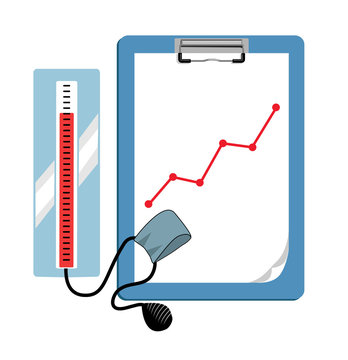 Vector image of a clipboard displaying a line graph ascending and a blood pressure machine