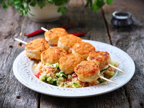roasted turkey meat balls with couscous and vegetables