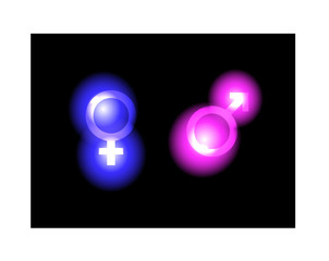 Female and male gender symbols lit on a black backrgound