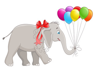 cartoon vector baby elephant with ribbon and balloons