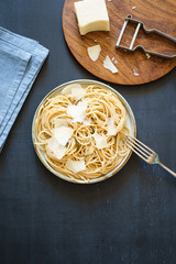 Whole grain wheat spaghetti with oil and  fried rosemary, sage and thyme leaves