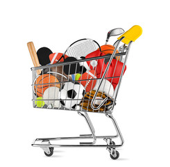 shopping cart filled with sporting goods isolated on white background