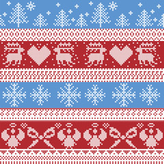 Blue and red Nordic Christmas winter  pattern with reindeer,rabbits, Xmas trees, angels, bow in Scandinavian style cross stitch
