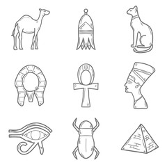 Set of cartoon outline icons in hand drawn style on Egypt theme