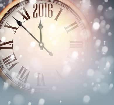 New 2016 year clock with snowy background.
