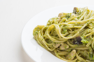 Fresh hot spaghetti on the wooden table