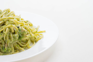 Fresh hot spaghetti on the wooden table
