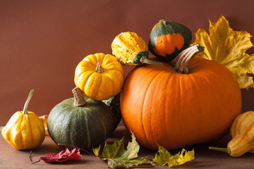 decorative pumpkins and autumn leaves for halloween