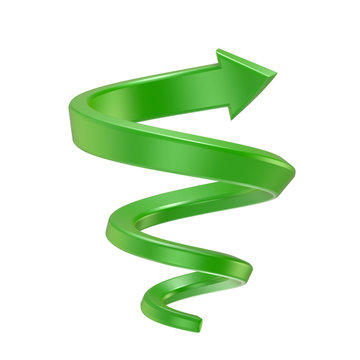 Green spiral arrow. Side view. 3D render illustration isolated on white background
