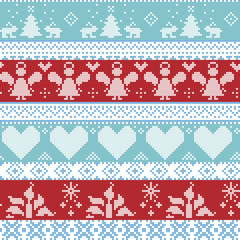 Fototapeta na wymiar Light blue, blue, white and red Scandinavian Nordic Christmas seamless cross stitch pattern with angels, Xmas trees, rabbits, snowflakes, candles, ribbons with decorative ornaments 