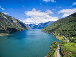 Aerial view of scenic fjord Sognefjorden in Norway