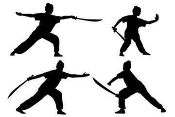 Vector set of silhouettes: girl show Wushu with saber.