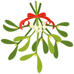 Mistletoe with red bow and curly ribbon, isolated on white background