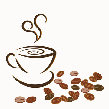 Silhouette of cup of coffee and coffee beans on white background