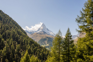 Obraz premium Zermatt, Dorf, Walliser Dorf, Alpen, Schweizer Alpen, Walliser Berge, Findeln, Weiler, Sunnegga, Wanderweg, Lärchenwald, Arvenholz, Holzwirtschaft, Sommer, Wallis, Schweiz