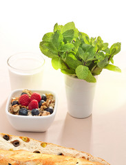 Breakfast with berries, milk and bread