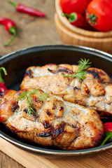 Marinated grilled healthy chicken breasts. close up view