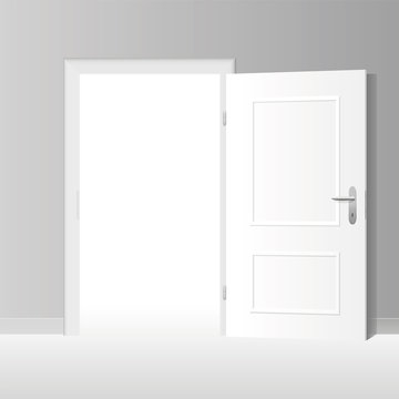 Wide open white door to a bright white room. Vector illustration.