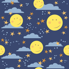 Vector seamless childish pattern with moons, stars and clouds