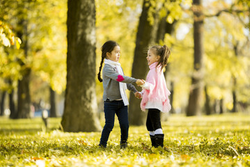 Two little girls at the autumn park