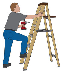 Homeowner climbing a stepladder in order to make a repair with his power tool
