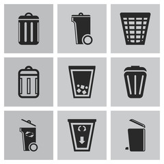 Vector black trash can icons set on grey background