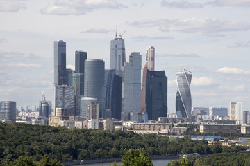 Moscow City complex of skyscrapers in cloudy weather. Moscow, Russia