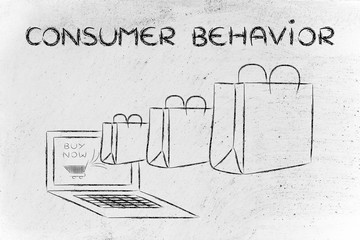 Consumer Behavior on the web (illustration of bags coming out of