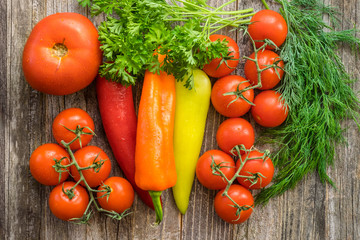 Vegetables and Herbs on a Wooden Table